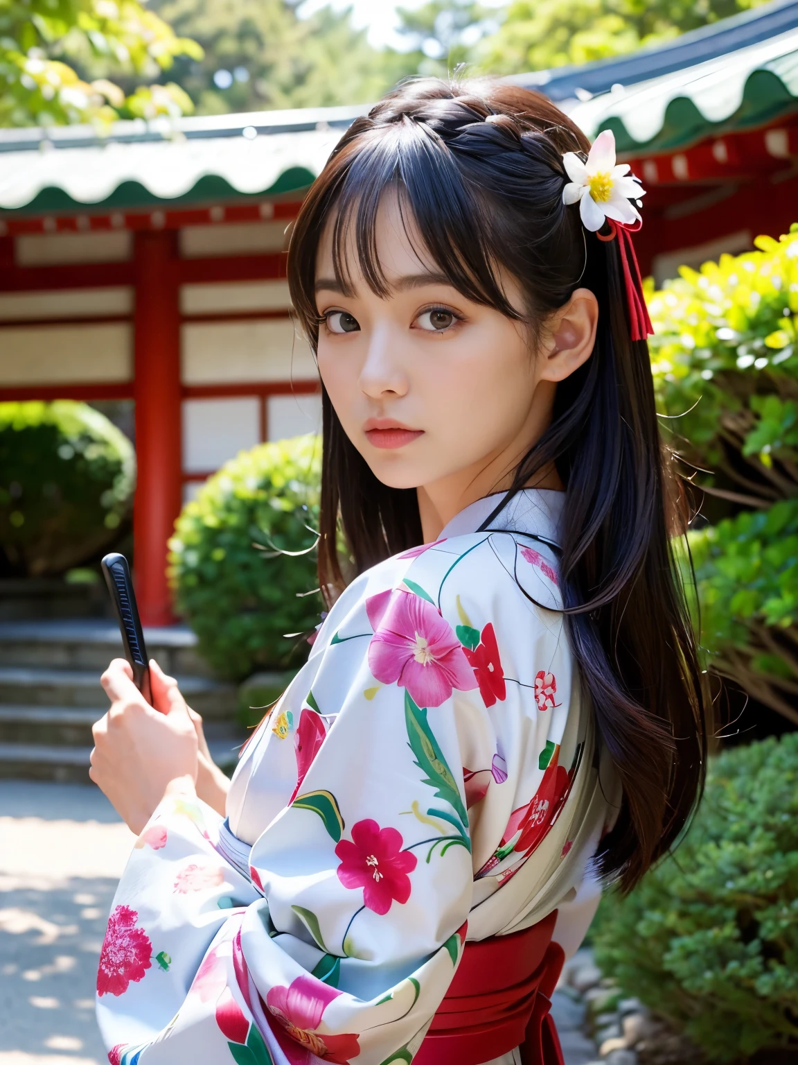 (Best-quality, Masterpiece, Ultra-High-Resolution, (Photorealistic:1.4), Raw Photo,  depth of field, professional lighting, perfect anatomy, extremely details), 1girl, the most famous Japanese actress, cowboy shot, in Japanese-style garden, wearing extremely beautiful Japanese-KIMONO with gorgeous-design, ((standing with Japanese-KATANA in right hand)), (extremely beautiful and realistic face, ((extremely beautiful and extremely realistic big-eyes)), extremely beautiful and extremely realistic hair, extremely beautiful and extremely realistic skins), looking at viewer, detailed extremely-beautiful-Japanese-KIMONO-with-gorgeous-design, ((detailed Japanese-KATANA)), detailed Japanese-style-garden