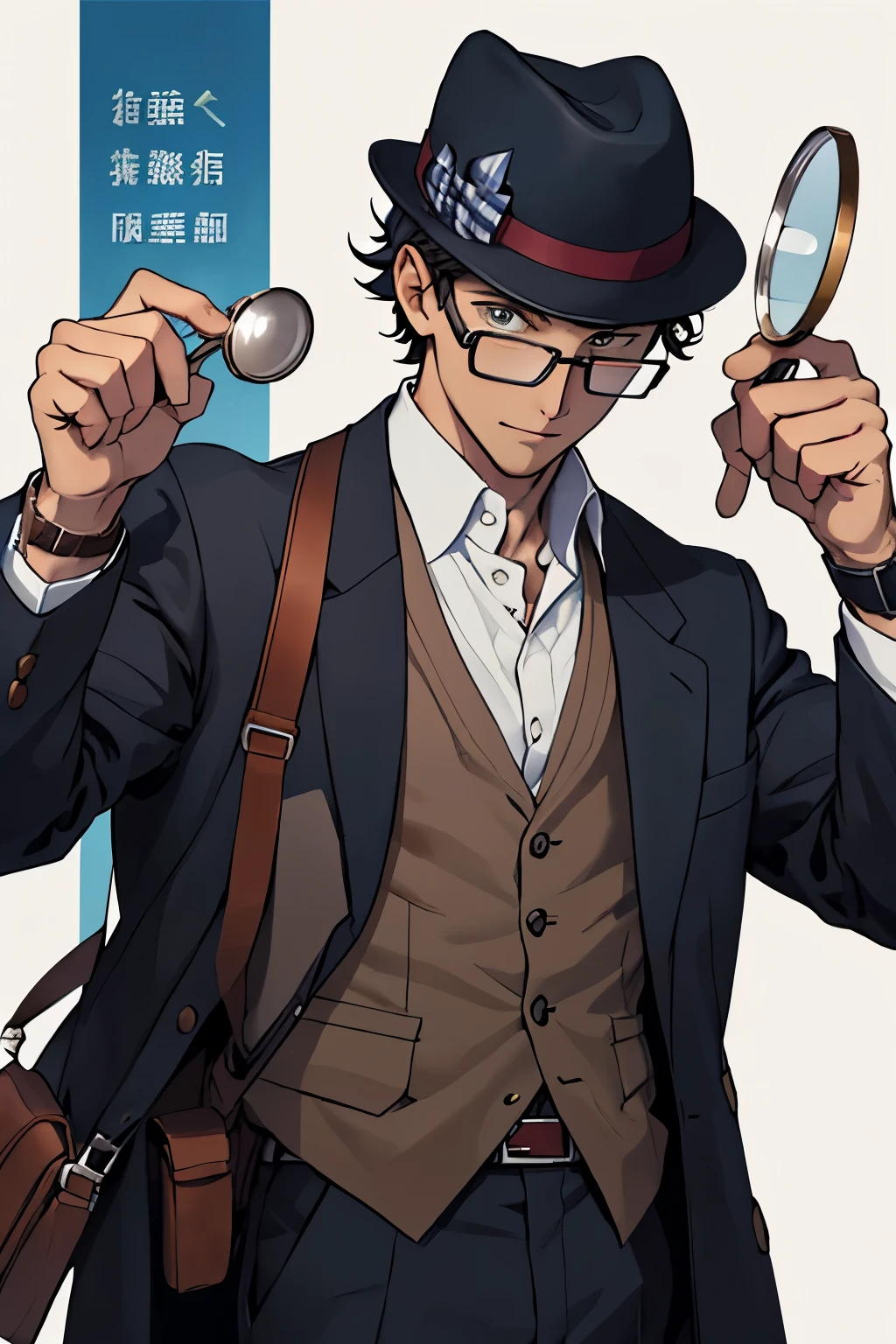draw a young detective student whose is 16 d he have a special watch on his left hand and he have magnifying glass with him and he wears hat and specs and he wears a