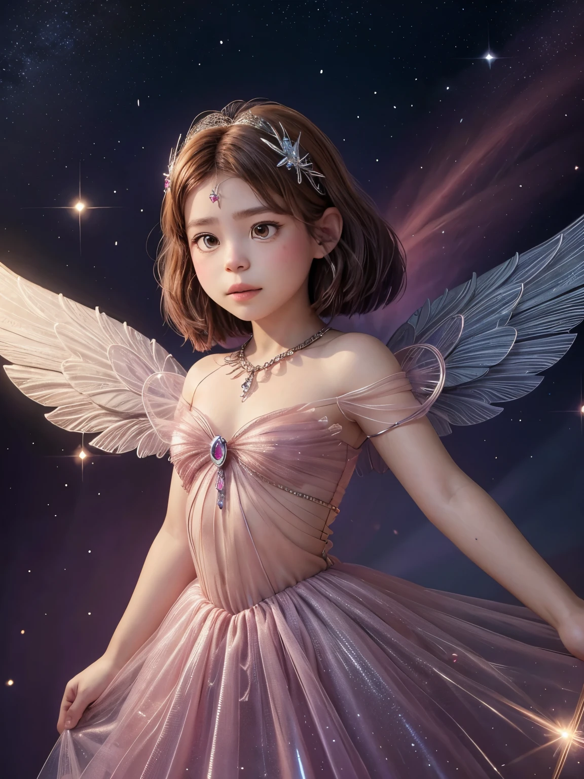 Illustration of a young gemstone fairy with sparkling wings, usando um vestido brilhante adornado com esmeraldas, safiras, e rubis, segurando uma pequena varinha brilhante, surrounded by a magical aura of twinkling stars and sparkling crystals.