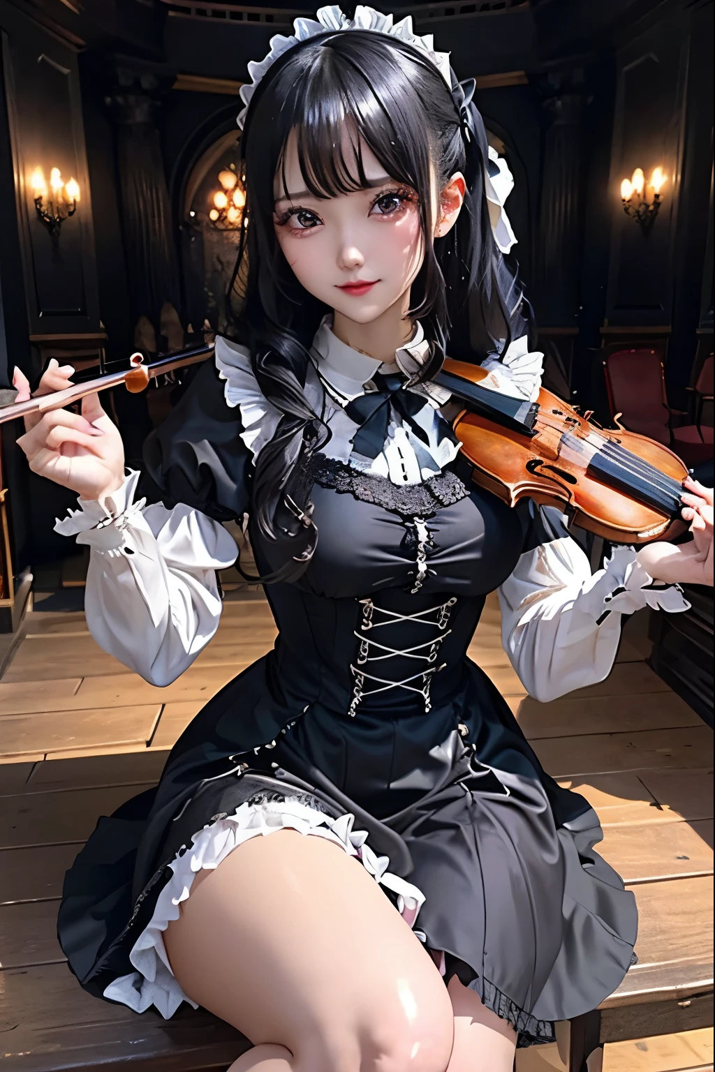 ハードDark Gothicメイク、Deep Night Sky、Horror、Black dark eyeshadow、sad、Good skin radiance、Dark Gothicメイク、Dark smile、palace、24-years-old、Embarrassed look、Dark Gothic、Obscene language、highest quality、Drunk face、紫のMaid clothes、Mysterious、Noble、sexy、Loving smile、Right blue eye, Left eye is red、Platform Heel Shoes、Heavy makeup、Gothic Lolita Clothing、Silver Hair、Long Hair Straight Hair、Cute Gothic Lolita Dress、Beautiful Face、elegant features、Fascinating face、Stained glassが背景、Chest glistening with sweat、The room is dark、gothic long dress、Bell Sleeves、Wizard Sleeve、Decadent look、Sexually excited expression、Glossy thighs wet with water、Thighs that are wet and shiny with oil、Background of a room full of roses、The embroidery is pink、The dress has pink embroidery、Thigh-high socks、Knee-high socks、Gentle expression、Dark black eyeshadow、Stained glassと薔薇背景、Female Duo、Female couple、dark church background、Stained glass、Black metal world、Dark Castle、Slender body、gothic long dress、Maid clothes、Victorian dresses、Her thighs glisten with sweat、My body is wet and shiny、Lots of glitter on the thighs、My thighs are sticky from sweating、Sweat glistens on the thighs, The whole body is sweaty and shiny、Quite sweaty、My thighs are sweaty、My thighs are so wet、My thighs are shining with sweat、A lot of sweat glistens all over the body、Small breasts、Orchestra StageStage、Dynamic Angle、sitting on a gothic chair、Play the violin gracefully、With a violin、Press the violin strings、violinist、orchestra performance、Thin thighs、slender、Violin body and strings、Sit on a chair、pantyhose、Hime cut straight hair、