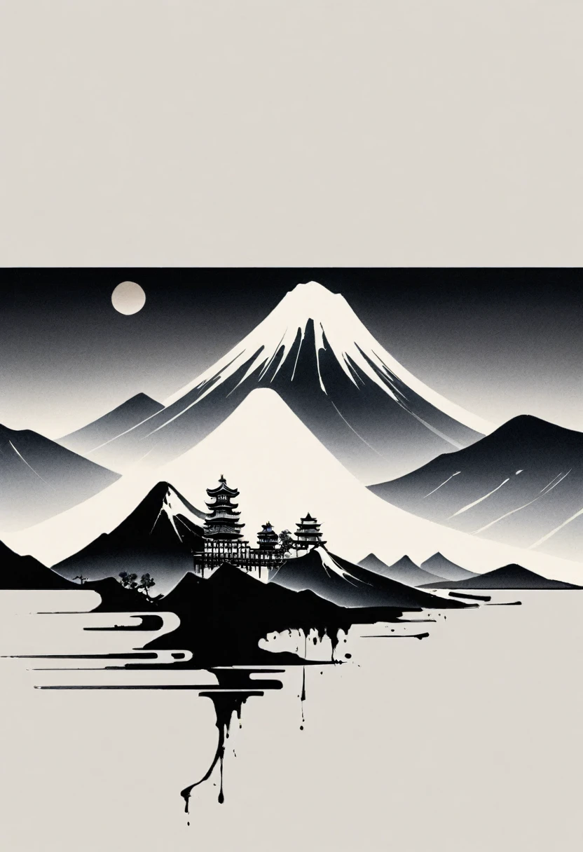 (大量留white:1.5)，white, white色背景, simple, Minimalism, abstract,Freehand，Aesthetic，黑与white，Ink Painting，antiquity，Mountain，People in the distance