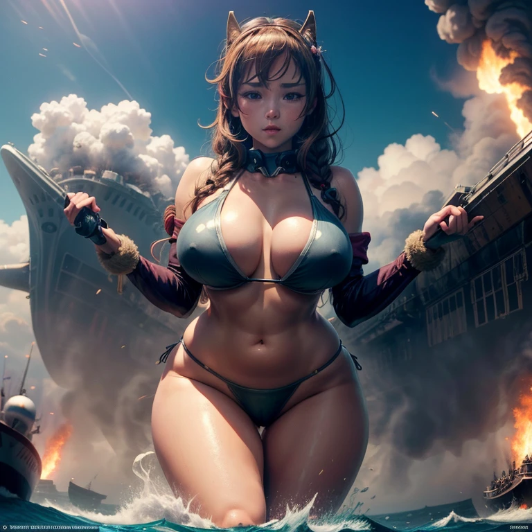 Anime girl in bikini posing in front of the boat, thick, Enchanting anime girl, ,Godzilla、Giant、 On the boat, have large breasts, Yachts at sea、Warships at sea、Landing is imminent、destruction、explosion、爆inflammation、inflammation、fire, have large breasts, tits, Big Breasts!, Big Breasts!!, Kantai Collection Style, 彼女はtits, [ 4k digital art ]!!, Realistic Bikini、Camel Toe、Giant tit、Nipple Puffs、Cleavage、Plump、Super big breasts、Super big butt、Bubble butt