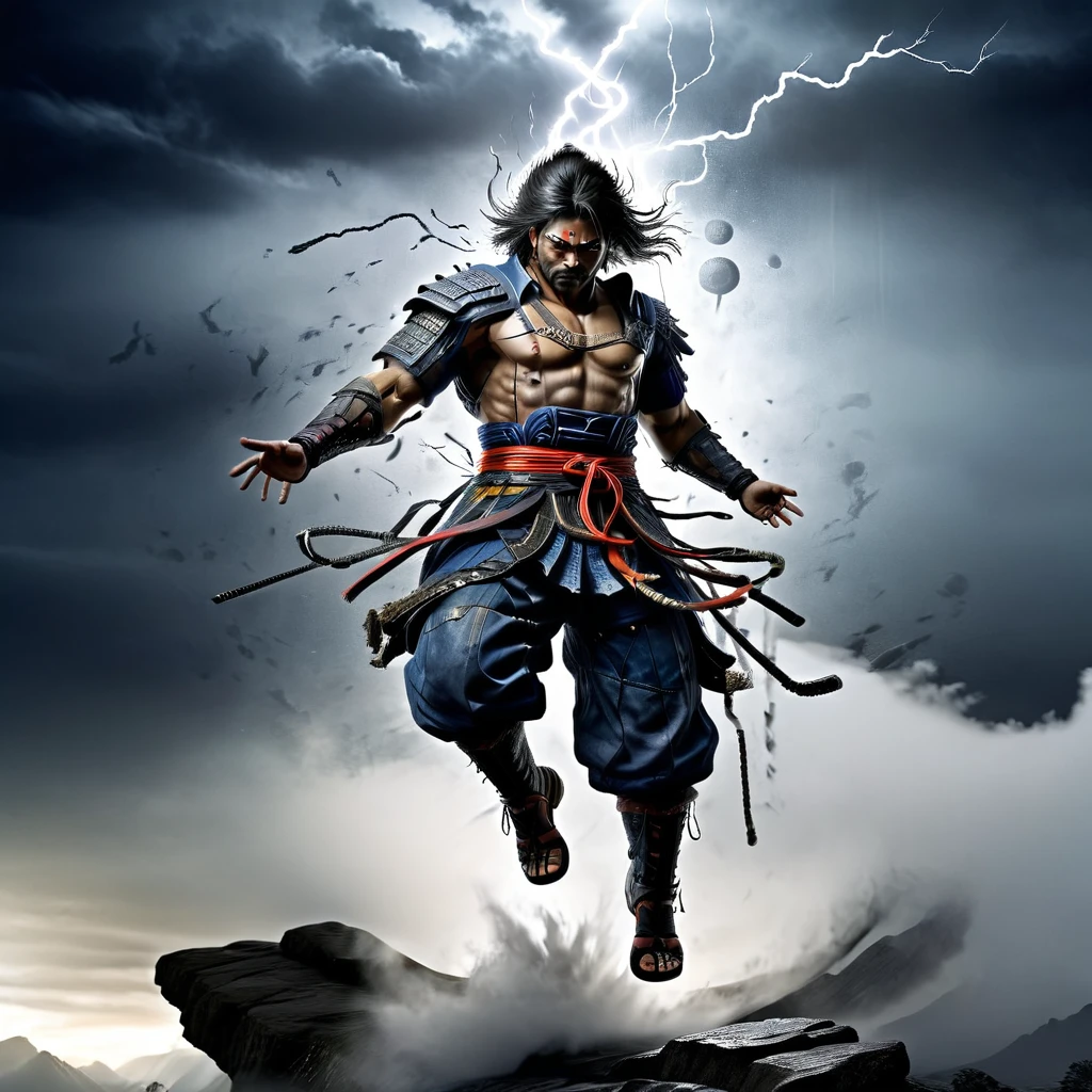 metal suited, samurai warrior, iconic samurai fight stance, dark moon, lightning and thunder, fog misty, highly detailed, 8k, photo realistic, masterpiece