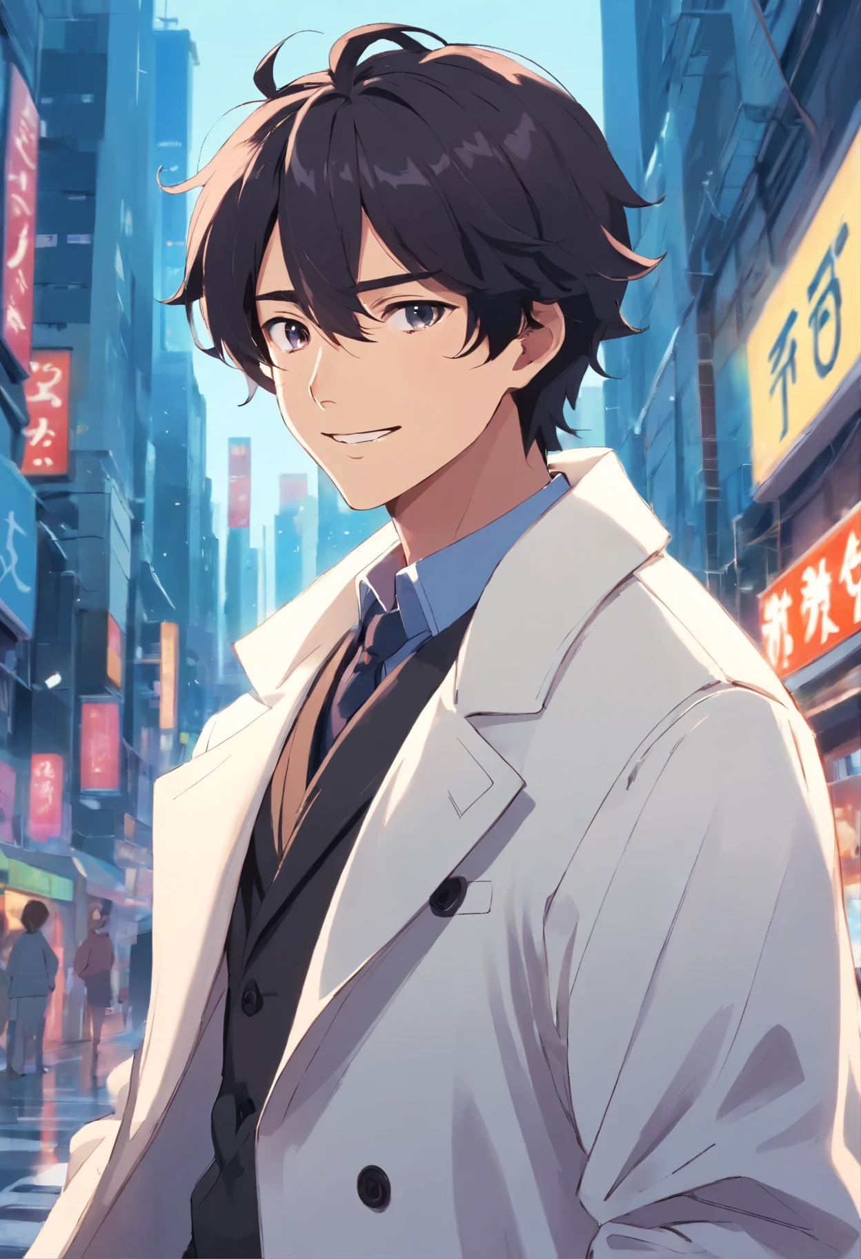 Messy wavy black-haired man, Wearing a white overcoat, Smile like a villain、twinkanly