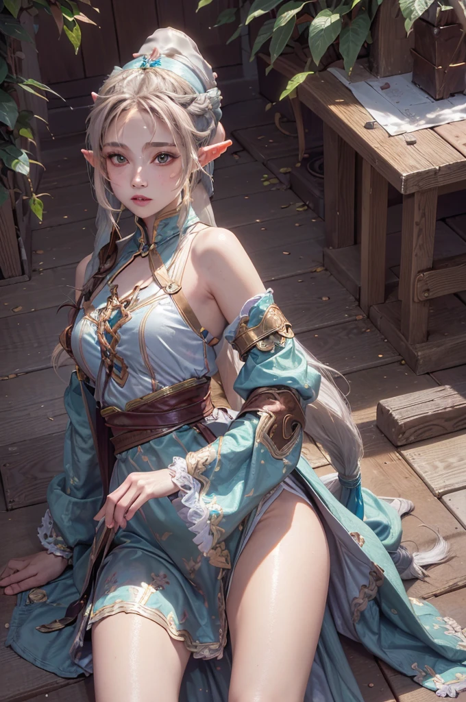 (highest quality, masterpiece:1.3), shape, ((Beautifully detailed face)), beautifully detailed skin, Intricate details, Very detailed, Best image quality in 8K, Fantasy World,A world of swords and magic,Big Forest,(18-year-old elf woman),Baby Face,(Detailed Hair,ponytail:1.6),Detailed lips,Open your mouth,blush,Embarrassing, Realistic Face,Realistic Skin,(Vibrant Skin,Moisturized Skin:1.2),Vivid lips,Lip gloss