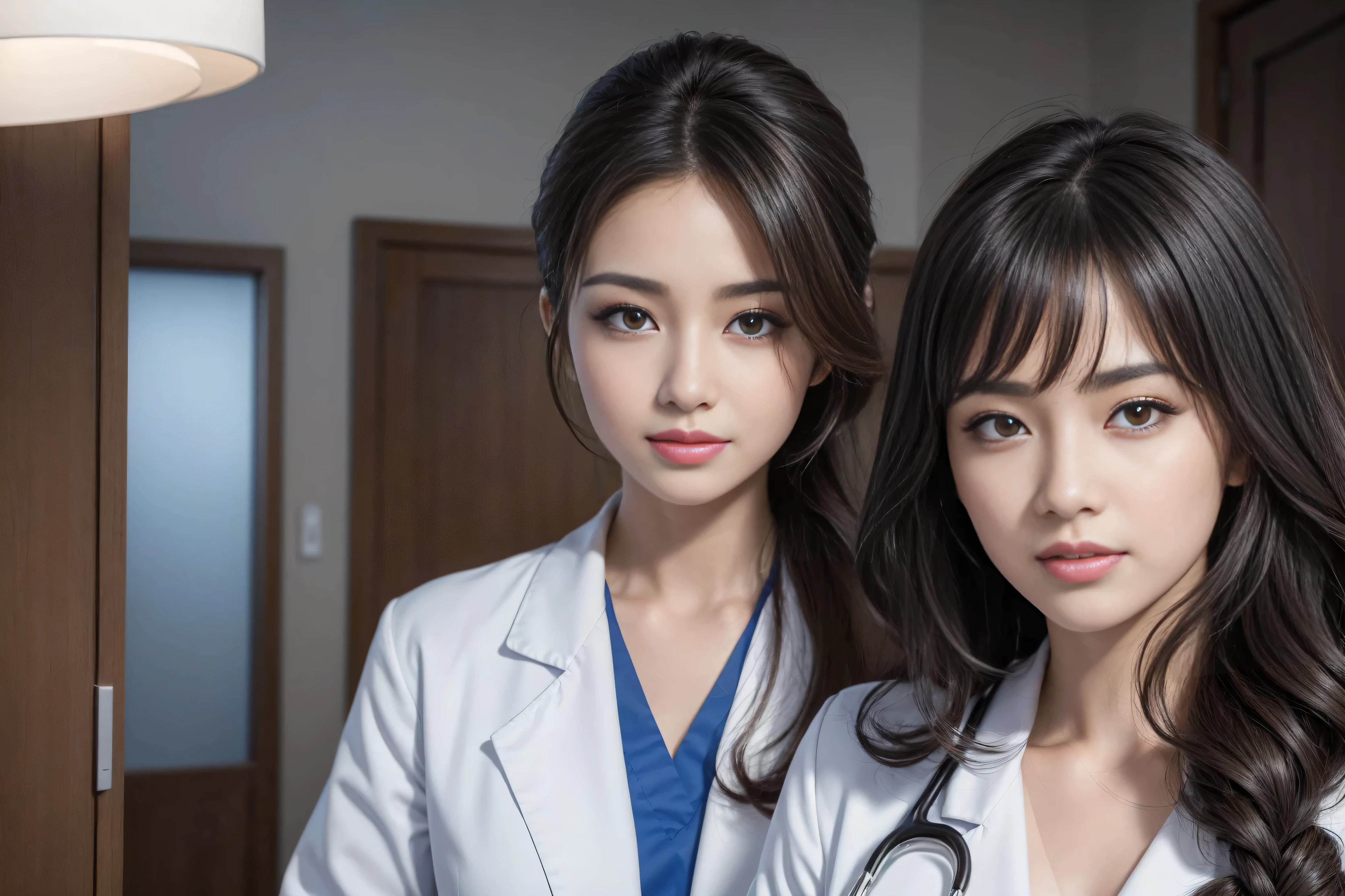 Realistic beautiful doctor、Stunning beauty、Doctor's white coat, Collared shirt、(Top quality、8K、32k、masterpiece、north african trade zone:1.3)、Ultra-high resolution,(realism:1.4),Original Photography, Delicate face,,beautiful hair, ((Doctor style)),((Leg length)), (Thigh gap:1.5), Black tight skirt、 Natural Makeup,, Plump large breasts、In the hospital, Detailed background, Perfect lighting, Depth of Field, Beautiful shadow gradient,Stethoscope ,