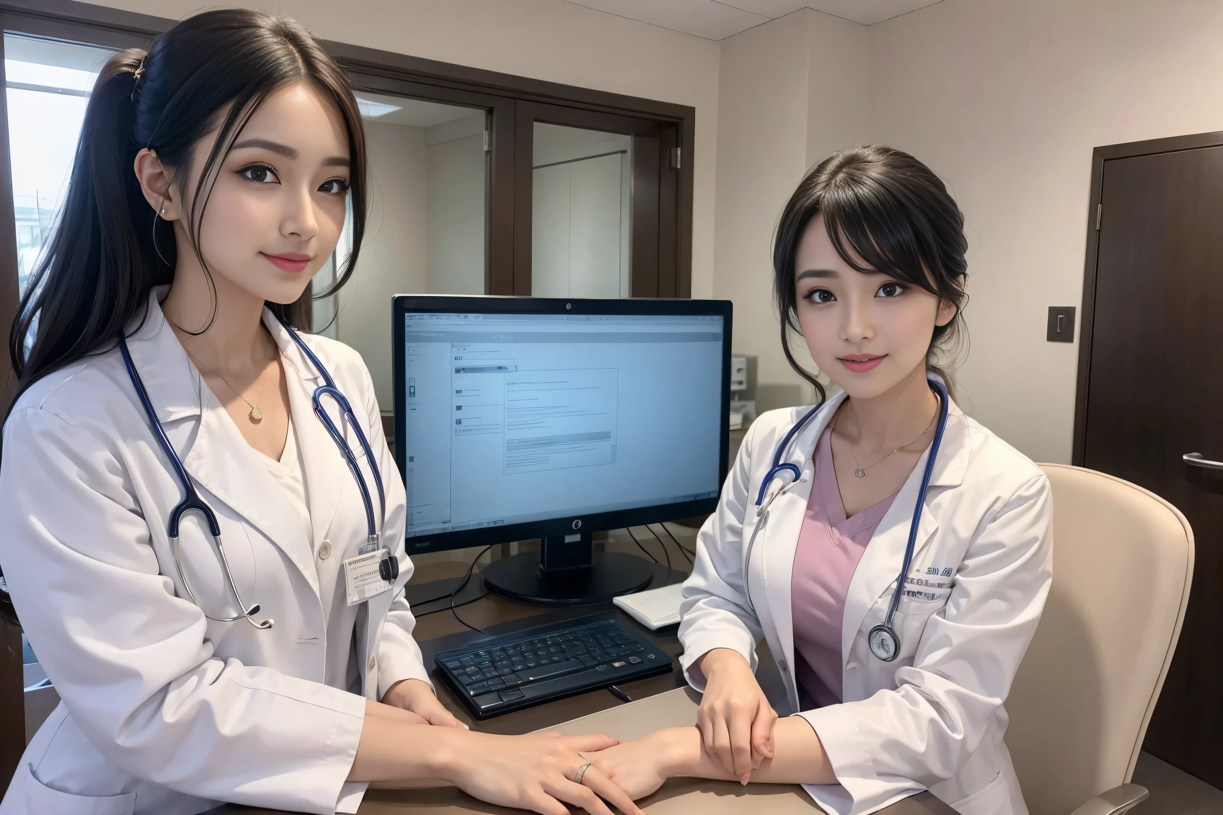 Realistic beautiful doctor、Stunning beauty、Doctor's white coat, Collared shirt、(Top quality、8K、32k、masterpiece、north african trade zone:1.3)、Ultra-high resolution,(realism:1.4),Original Photography, Delicate face,,beautiful hair, ((Doctor style)),((Leg length)), (Thigh gap:1.5), Black tight skirt、 Natural Makeup,, Plump large breasts、In the hospital, Detailed background, Perfect lighting, Depth of Field, Beautiful shadow gradient,Stethoscope ,