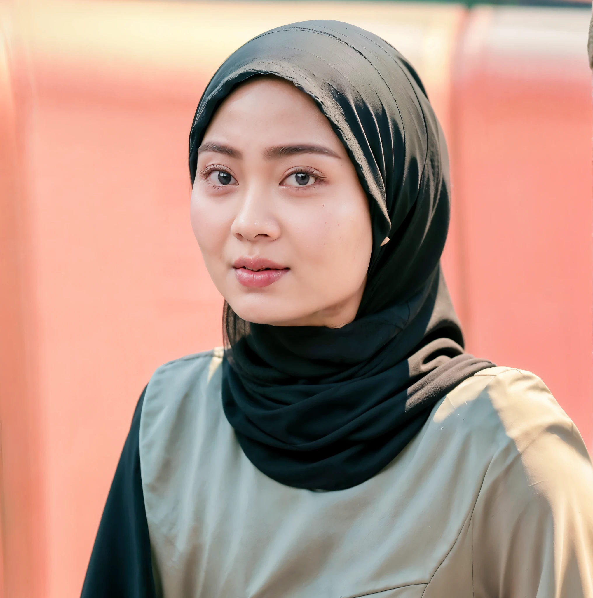 Photo portrait of a beautiful Bandung girl wearing a hijab and dimples, around 17 years old, (plain black hijab), (portrait medium shot:1.3), dramatic light, Rembrandt lighting scheme, (hyperrealism:1.2), (8K UHD: 1.2), ( photorealistic:1.2), shot with Canon EOS 5D Mark IV, facial detail, skin texture detail, smooth, flawless skin, glowing complexion, silky touch, even texture, blemish-free, radiant appearance, youthful look, soft and supple skin, poreless, perfect skin tone, porcelain-like complexion, velvety smoothness, dewy and fresh skin, natural beauty, healthy and vibrant skin, standing in street. Sexy body type