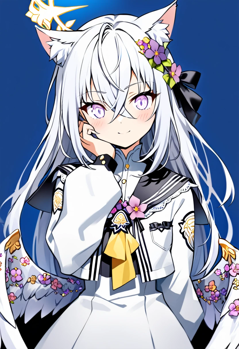 azusa \(blue archive\), 1girl animal_ear_fluff animal_ears black_dress black_sailor_collar blush cat_ears cat_tail closed_mouth crossed_bangs dress flower hair_flower hair_ornament halo holding holding_own_hair jacket kemonomimi_mode long_hair long_sleeves looking_at_viewer low_wings neck_flower neck_ribbon neckerchief purple_eyes ribbon sailor_collar simple_background solo tail two-tone_dress upper_body white_background white_dress white_hair white_jacket white_wings wings yellow_neckerchief little_smile