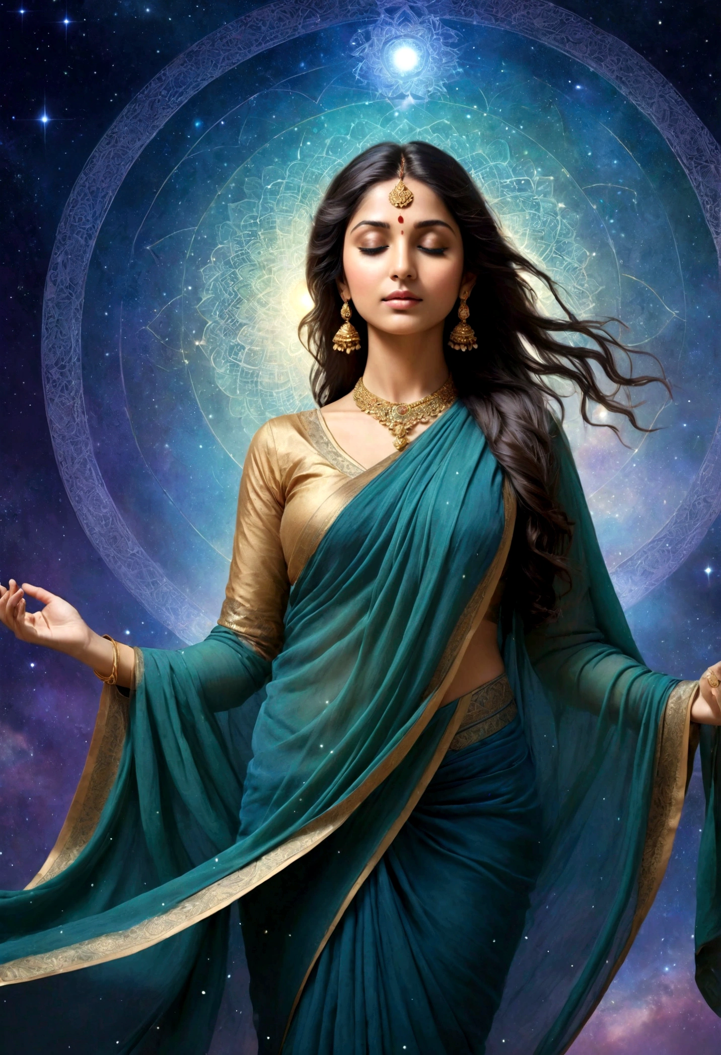 Create an ethereal and mystical image of a fully dressed Indian woman in a golden saree and full sleeve golden blouse experiencing a profound connection to the universal consciousness. The scene should exude a sense of spirituality, enlightenment, and oneness with the universe. Position her in a meditative pose. She should have a calm and peaceful expression, eyes closed or gazing into the distance. Dress her in flowing, light garments, possibly with a hint of translucence to emphasize her ethereal nature. Surround her with an aura of radiant light, emanating from her body. Include subtle, intricate patterns like mandalas or sacred geometry around her, symbolizing the intricate web of the universe. Add beams or threads of green and blue beams of light waves extending from her, connecting her to stars, galaxies, or abstract representations of cosmic energy.The background should depict the vastness of the cosmos, with stars, nebulae, and galaxies. Use deep, rich colors like indigo, violet, and midnight blue to convey the depth of space. Integrate soft, glowing elements like orbs or waves of light to enhance the mystical atmosphere. Consider adding symbols such as lotus flowers. Include gentle, swirling mists or clouds to add depth and a dreamlike quality to the scene. The overall mood should be one of tranquility, unity, and transcendence, capturing the essence of a profound spiritual awakening and connection to the universal consciousness.