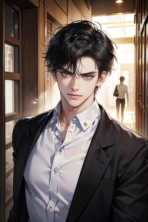 (tmasterpiece, high resolution, ultra - detailed:1.0), (1 boy, Young male, masculine face), Perfect male body, tall and strong, Adult male, Delicate eyes and delicate face, Extremely detailed CG, Unity 8k wallpaper, Complicated details, Detailed face, (black hair, messy hair, serious faces, white shirts,Bad students), (frown,evil smile:1.3), stad in school corridor, street style, color difference, Depth of field, dramatic shadow, Ray tracing, Best quality, Cinematic lighting, offcial art,Portrait