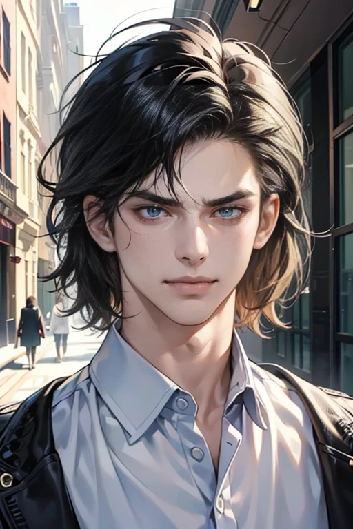 (tmasterpiece, high resolution, ultra - detailed:1.0), (1 boy, Young male, masculine face), Perfect male body, tall and strong, Adult male, Delicate eyes and delicate face, Extremely detailed CG, Unity 8k wallpaper, Complicated details, Detailed face, (black hair, messy hair, serious faces, white shirts,Bad students), (frown,evil smile:1.3), stad in school corridor, street style, color difference, Depth of field, dramatic shadow, Ray tracing, Best quality, Cinematic lighting, offcial art,Portrait