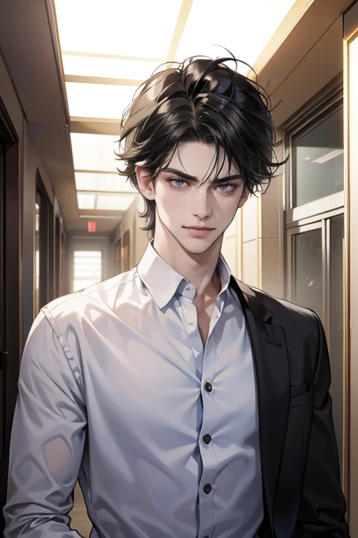 (tmasterpiece, high resolution, ultra - detailed:1.0), (1 boy, Young male, masculine face), Perfect male body, tall and strong, Adult male, Delicate eyes and delicate face, Extremely detailed CG, Unity 8k wallpaper, Complicated details, Detailed face, (black hair, messy hair, serious faces, white shirts,Bad students), (frown,evil smile:1.3), stad in school corridor, street style, color difference, Depth of field, dramatic shadow, Ray tracing, Best quality, Cinematic lighting, offcial art,Portrait