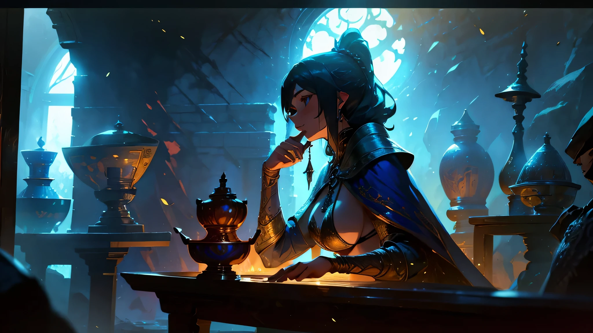 Adventurers eating in front of the fireplace、While chatting、Delicious meat dishes and cups on the table、Adventurer sitting on a wooden chair、Fantasy、middle ages、A woman wearing a transparent white robe、Woman in bikini armor、Male thief、Dim Tavern、Dimly lit interior、Warm light from the fireplace、Wooden Room、Brick fireplace、Big Breasts、sexy、Moonlight、Downlight、full moon、Plump、Sideboob、4K、8K、Highest quality