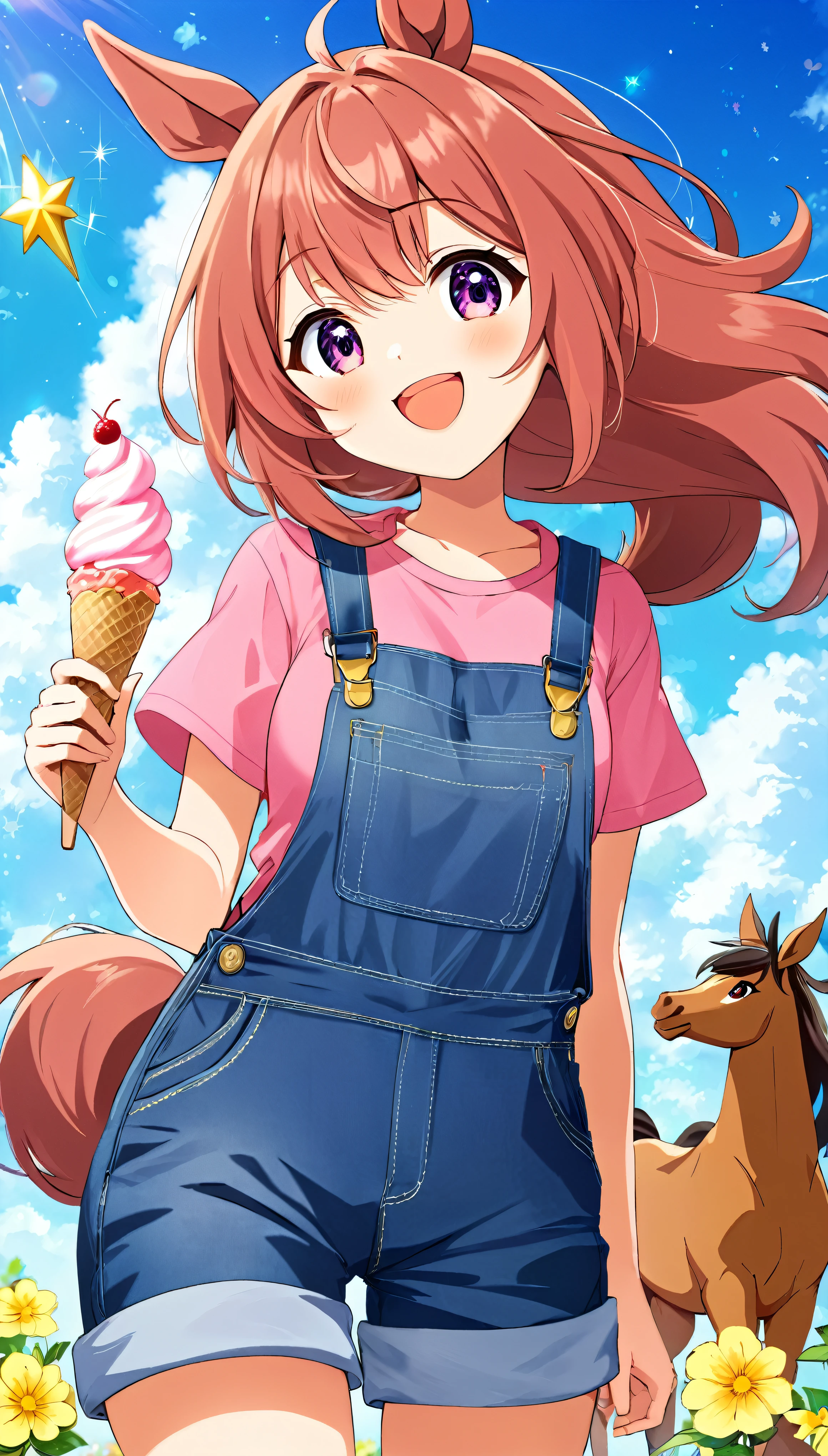 Anime protagonists masterpieces、highest quality、1girl、solo、Haruurara、Oversized Overall Shorts、Pink Shirt、ice cream cone、Horse tail accessories(0.6)、Open-mouthed and smiling broadly、Surrounded by a cloudy background、Flower-shaped pupils sparkle。