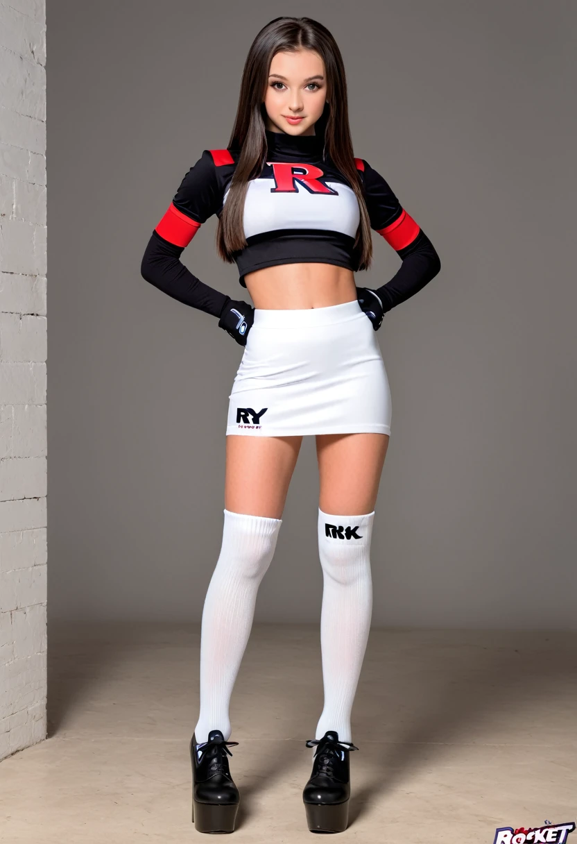 (15 Year Old 1.5), European teen, brunette teen, teen cute face, white skin, girl beautiful face, beautiful baby girl, big Breasts, Long Legs, fitness body, (wearing team rocket,team rocket uniform,white skirt,red letter R,crop top,black thigh-highs,black elbow gloves 1.5), naked torso, (black Tiny mini Skirt 1.5), (show legs and thighs), black platform straps high heels, white knee high socks, Slim sexy long legs, modeling, medium Angle Shot, Full Body lust, sexy Slim body, (sexy aluring stance, (spread legs towards viewer 1.5), ass and thighs showing, New York, United States, ray tracing, HDR