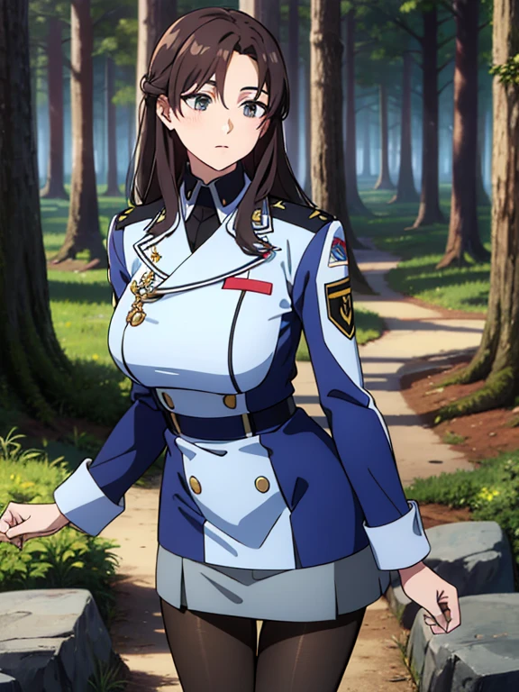 army uniform, army,Jacket,Blue and white,skirt, (Black_Pantyhose:1.3), (Forest background), (it's clear), Mourou Calm, Mature woman, anime cels style, best quality, high resolution, 1 Girl, (Huge breasts:1.2)(((Full breasts,)))(((Large Breasts))) (((Cleavage))),, Pretty Face, beautiful fingers, Nice long legs, Beautiful Body, Beautiful nose,Beautiful character design, Bangs, brown hair, long hair, Red Eyes, lipstick, cosmetic, (Cowboy shooting), Smile, looking at the audience