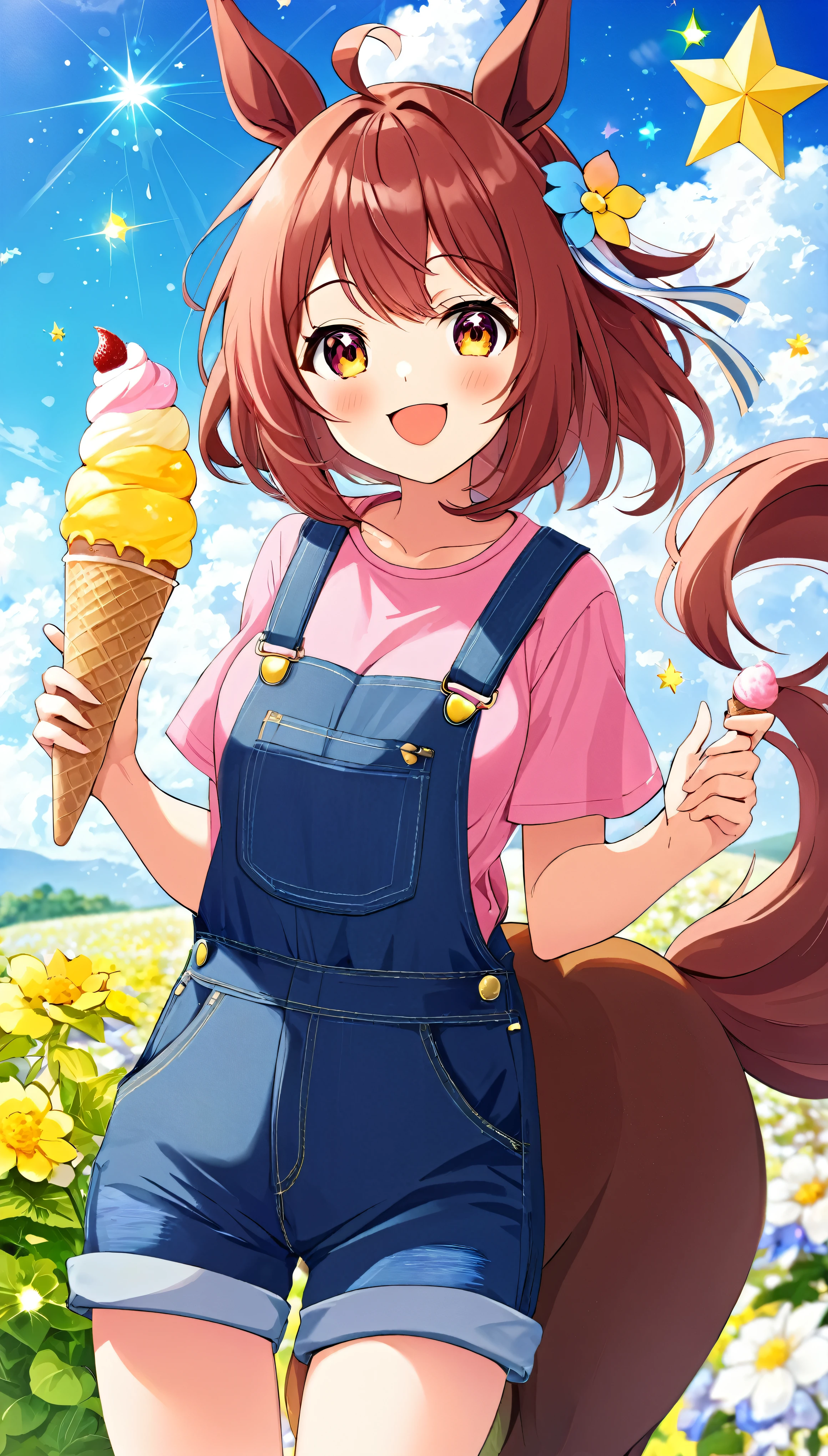 Anime protagonists masterpieces、highest quality、1girl、solo、Haruurara、Oversized Overall Shorts、Pink Shirt、ice cream cone、Horse tail accessories(0.6)、Open-mouthed and smiling broadly、Surrounded by a cloudy background、Flower-shaped pupils sparkle。