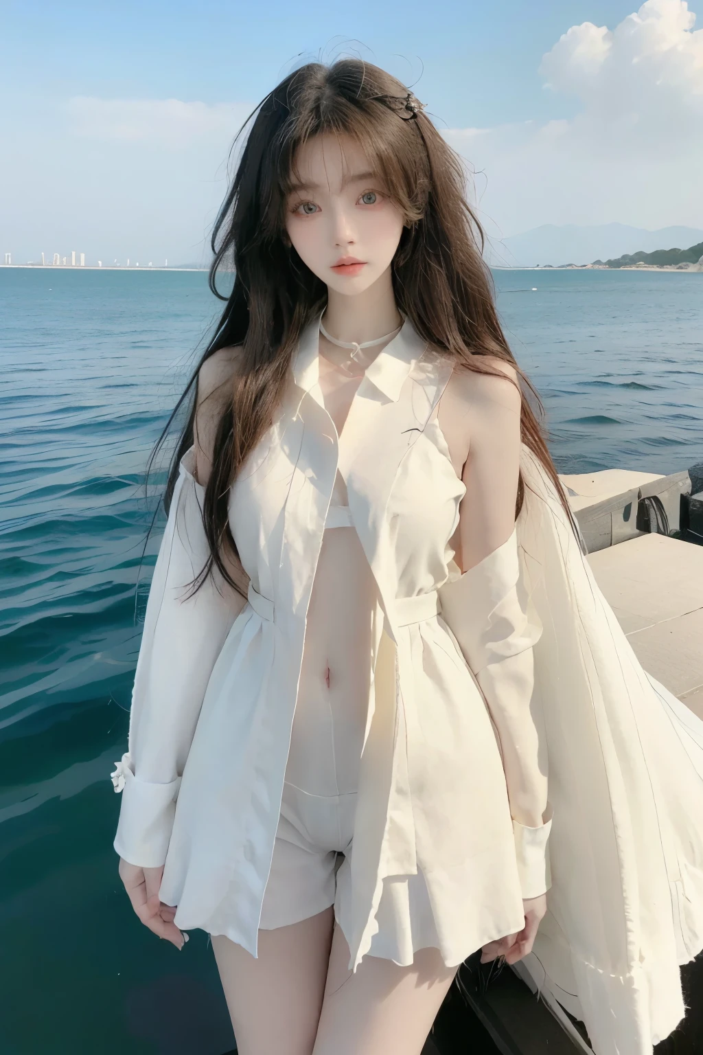Beautiful woman with perfect body:1.4,Prominent cleavage,Layered Hairstyle,Highly detailed face and skin textures,Double eyelids,Skin Whitening,Long hair,Whitened long legs,(Secretarial suit,necklace),Standing by the sea,Half-length photo