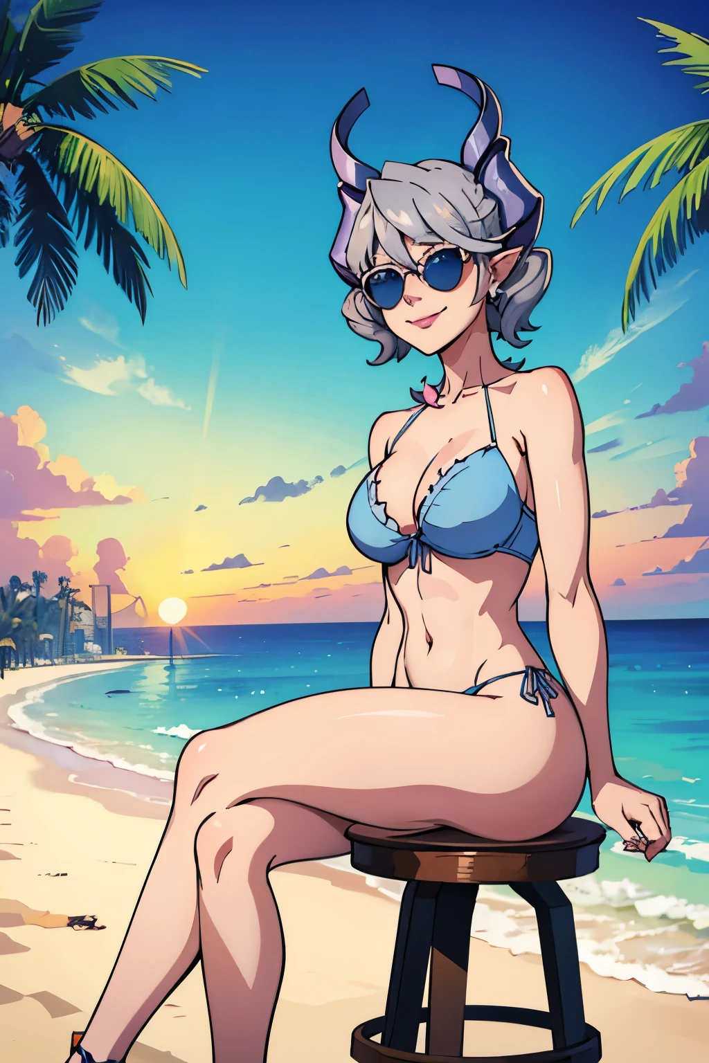 　High level image quality　best image quality　8K　 adult woman  beach  sunset　palm trees   whole body view　portrait　blue bikini   　horn    ears  　short hair（（shortcut）（gray hair）（perm）（fluffy））　eye color is blue , pink sunglasses　attractive evil face , smile   ,  sexy pose   ,  labrynth ,  barearm  , on the stool  , wearing blue shirt  , sitting , view crossed leg style in detailed , view foot arc