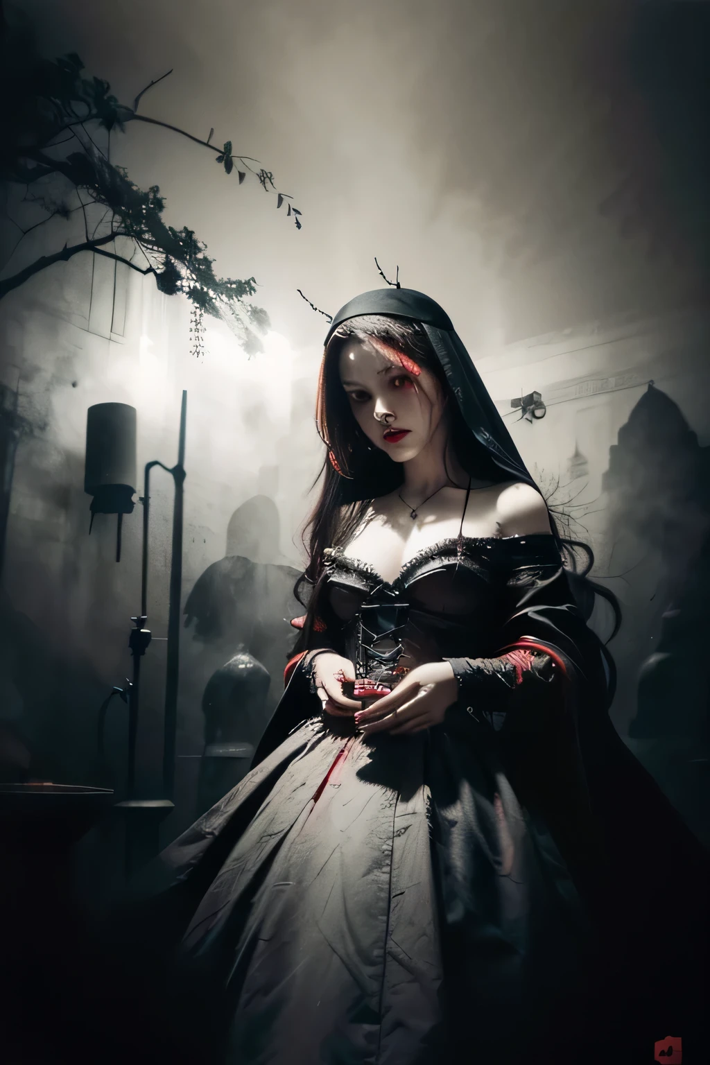 (sexy gothic demonic nun), dark, mysterious, enchanting, hauntingly beautiful, (detailed facial features, piercing eyes, dark red lips), black flowing robes, cross necklace, sensual, alluring pose, (candlelit backdrop, ominous atmosphere), (best quality, highres, ultra-detailed), (gothic art, oil painting, dark fantasy), (dramatic lighting, shadows, ethereal glow), (black and red color scheme, intense contrast), (beautifully composed, intricate details), (evokes a sense of desire and forbidden allure).