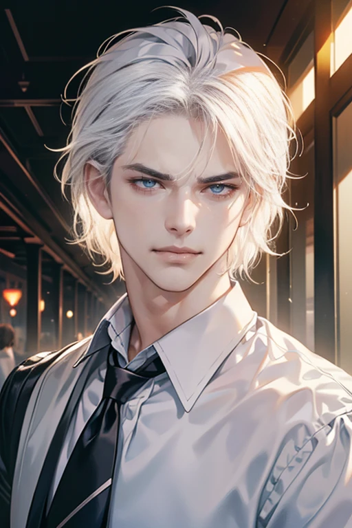 (tmasterpiece, high resolution, ultra - detailed:1.0), (1male, masculine face), Perfect male body, tall and strong, Adult male, Delicate eyes and delicate face, Extremely detailed CG, Unity 8k wallpaper, Complicated details, Detailed face, (white hair, messy hair, serious faces, white shirts,Bad students), (frown,evil smile:1.3), stad in school corridor, street style, color difference, Depth of field, dramatic shadow, Ray tracing, Best quality, Cinematic lighting, offcial art,Portrait