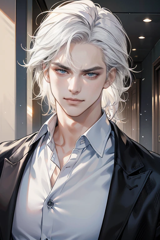 (tmasterpiece, high resolution, ultra - detailed:1.0), (1male, masculine face), Perfect male body, tall and strong, Adult male, Delicate eyes and delicate face, Extremely detailed CG, Unity 8k wallpaper, Complicated details, Detailed face, (white hair, messy hair, serious faces, white shirts,Bad students), (frown,evil smile:1.3), stad in school corridor, street style, color difference, Depth of field, dramatic shadow, Ray tracing, Best quality, Cinematic lighting, offcial art,Portrait
