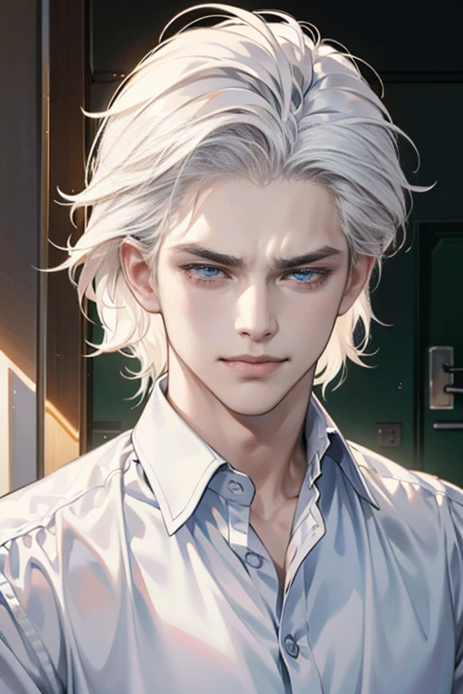 (tmasterpiece, high resolution, ultra - detailed:1.0), (1male, masculine face), Perfect male body, tall and strong, Adult male, Delicate eyes and delicate face, Extremely detailed CG, Unity 8k wallpaper, Complicated details, Detailed face, (white hair, messy hair, serious faces, white shirts,Bad students), (frown,evil smile:1.3), stad in school corridor, street style, color difference, Depth of field, dramatic shadow, Ray tracing, Best quality, Cinematic lighting, offcial art,Portrait