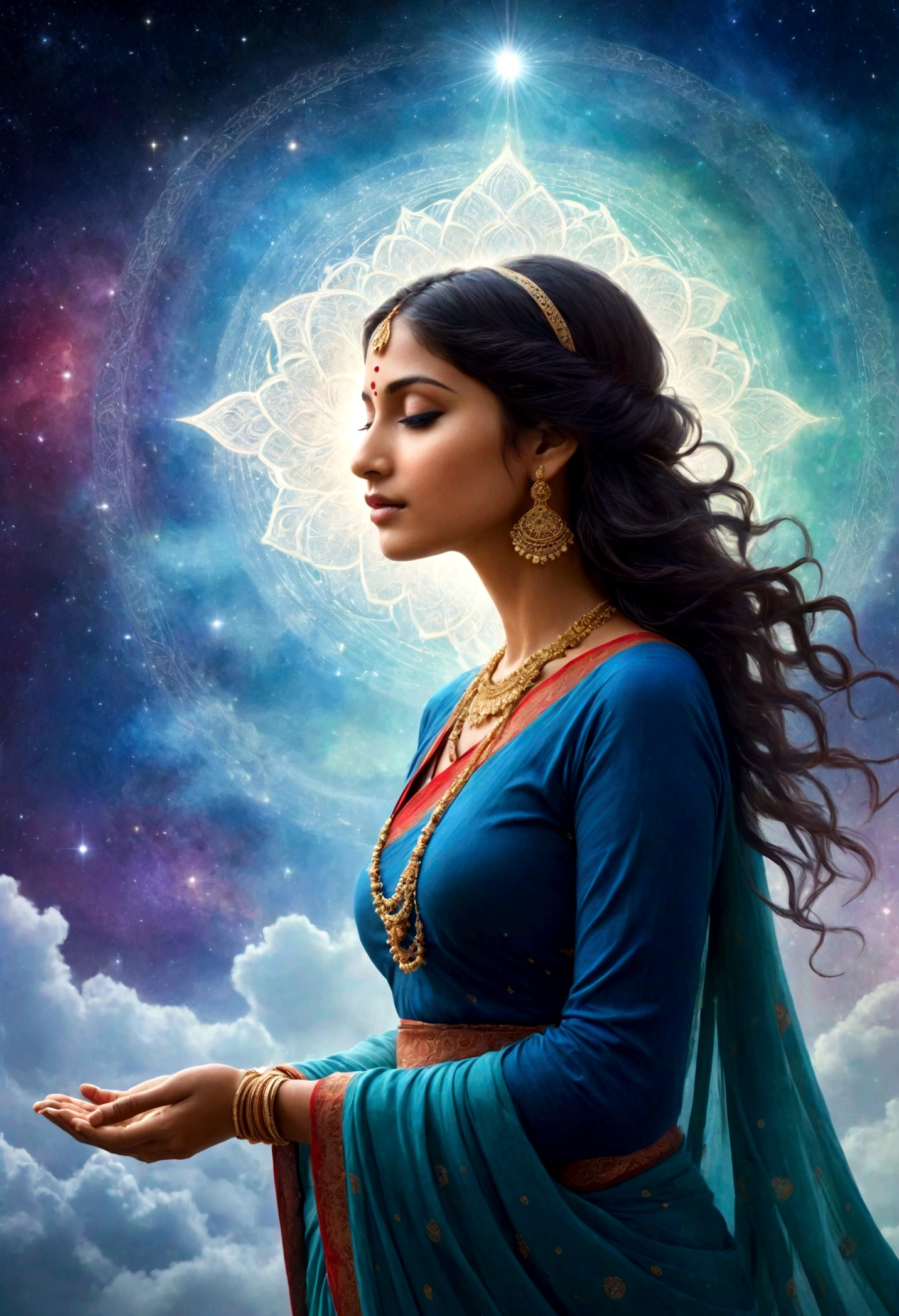 Create an ethereal and mystical image of a fully dressed Indian woman in a red saree and full sleeve blue blouse experiencing a profound connection to the universal consciousness. The scene should exude a sense of spirituality, enlightenment, and oneness with the universe. Position her in a meditative pose. She should have a calm and peaceful expression, eyes closed or gazing into the distance. Dress her in flowing, light garments, possibly with a hint of translucence to emphasize her ethereal nature. Surround her with an aura of radiant light, emanating from her body. Include subtle, intricate patterns like mandalas or sacred geometry around her, symbolizing the intricate web of the universe. Add beams or threads of green and blue beams of light waves extending from her, connecting her to stars, galaxies, or abstract representations of cosmic energy.The background should depict the vastness of the cosmos, with stars, nebulae, and galaxies. Use deep, rich colors like indigo, violet, and midnight blue to convey the depth of space. Integrate soft, glowing elements like orbs or waves of light to enhance the mystical atmosphere. Consider adding symbols such as lotus flowers. Include gentle, swirling mists or clouds to add depth and a dreamlike quality to the scene. The overall mood should be one of tranquility, unity, and transcendence, capturing the essence of a profound spiritual awakening and connection to the universal consciousness.