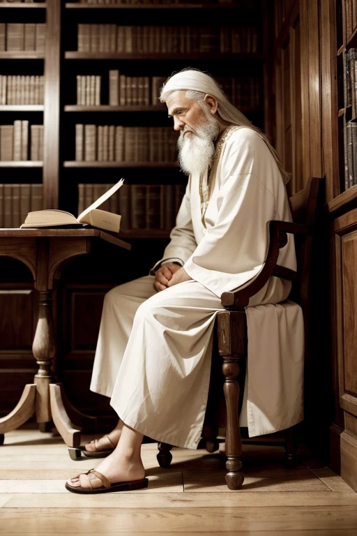 A detailed, high-quality illustration of the Prophet Isaiah sitting in front of an antique wooden table. He is writing his prophecies on faded parchment, with a concentrated and serene expression on his face. Isaiah has gray hair and a long white beard , wearing traditional clothing of the time, including a long tunic and simple shoes. The proportions of the body and the details of the hands, feet and face must be accurate and without deformities. The environment is an old library, with shelves full of books and some paintings. hanging on the walls. The lighting is soft, creating a serene and sacred tone to the scene. The image must have a symmetrical and perfect composition, with clear details and excellent visual quality."