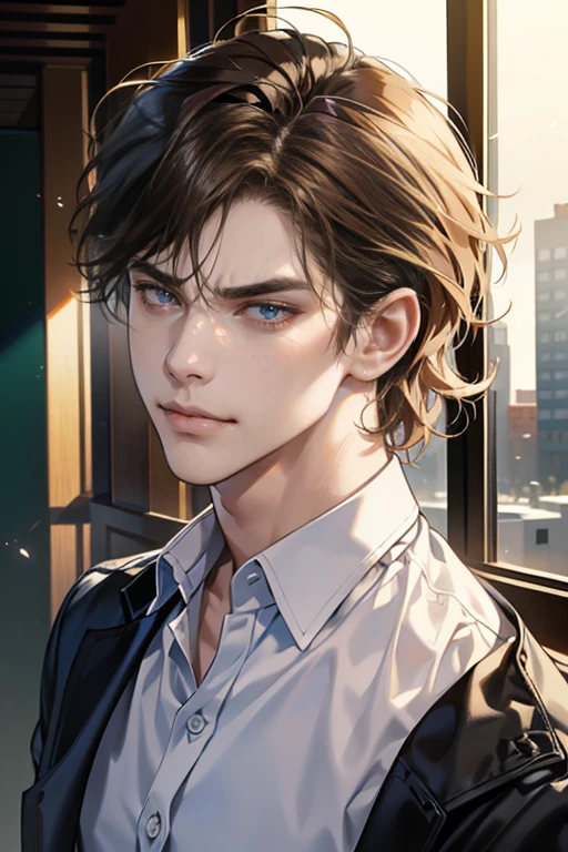 (tmasterpiece, high resolution, ultra - detailed:1.0), (1male, masculine face), Perfect male body, tall and strong, Adult male, Delicate eyes and delicate face, Extremely detailed CG, Unity 8k wallpaper, Complicated details, Detailed face, (Brown hair, messy hair, serious faces, white shirts,Bad students), (frown,evil smile:1.3), stad in school corridor, street style, color difference, Depth of field, dramatic shadow, Ray tracing, Best quality, Cinematic lighting, offcial art,Portrait