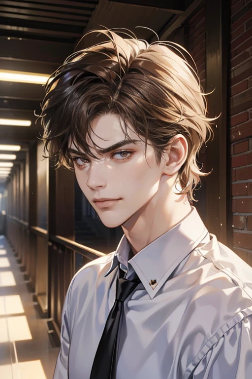 (tmasterpiece, high resolution, ultra - detailed:1.0), (1male, masculine face), Perfect male body, tall and strong, Adult male, Delicate eyes and delicate face, Extremely detailed CG, Unity 8k wallpaper, Complicated details, Detailed face, (Brown hair, messy hair, serious faces, white shirts,Bad students), (frown,evil smile:1.3), stad in school corridor, street style, color difference, Depth of field, dramatic shadow, Ray tracing, Best quality, Cinematic lighting, offcial art,Portrait