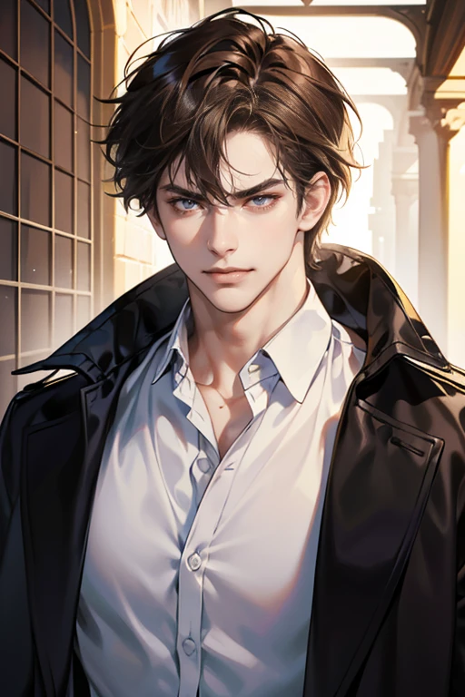 (tmasterpiece, high resolution, ultra - detailed:1.0), (1male, masculine face), Perfect male body, tall and strong, Adult male, Delicate eyes and delicate face, Extremely detailed CG, Unity 8k wallpaper, Complicated details, Detailed face, (Brown hair, messy hair, serious faces, white shirts,Bad students), (frown,evil smile:1.3), stad in school corridor, street style, color difference, Depth of field, dramatic shadow, Ray tracing, Best quality, Cinematic lighting, offcial art,Portrait