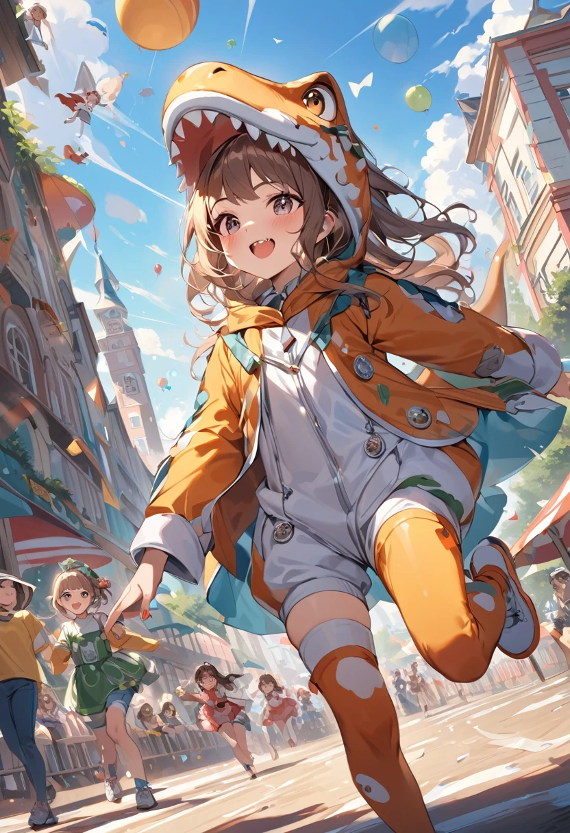 (Ultra high-res masterpiece), A dynamic angle captures five T-Rex-costumed tween girls in race at playground, each detail of their intricate costumes vividly rendered. The girls' faces are exquisitely depicted, showcasing the joys of competition and the pure essence of childhood while the detailed T-Rex costumes add a whimsical and imaginative touch. The scene is a testament to the best quality of artistry and captures a fleeting moment of playtime in all its dynamic glory.