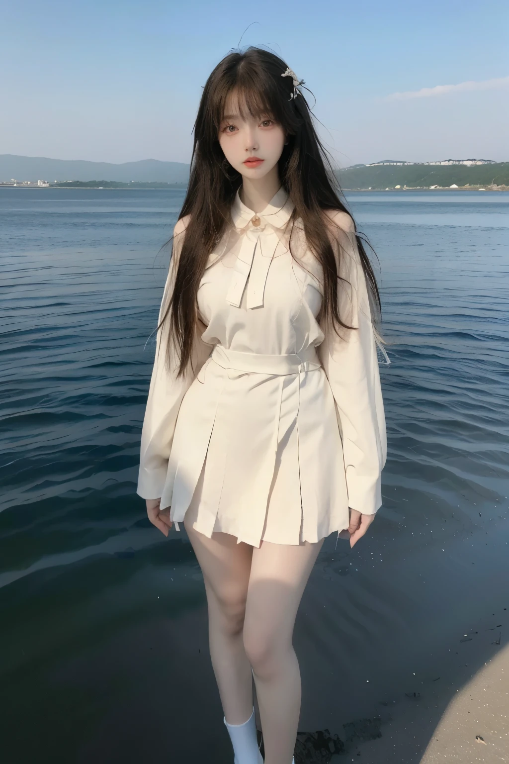 Beautiful woman with perfect body:1.4,Layered Hairstyle,Highly detailed face and skin textures,Double eyelids,Skin Whitening,Long hair,Whitened long legs,(Japanese girls high school uniform,Collar),Standing by the sea,Half-length photo