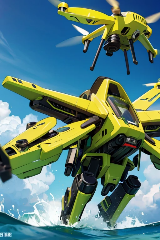 Floating green and yellow drone with two forward-firing cannons
