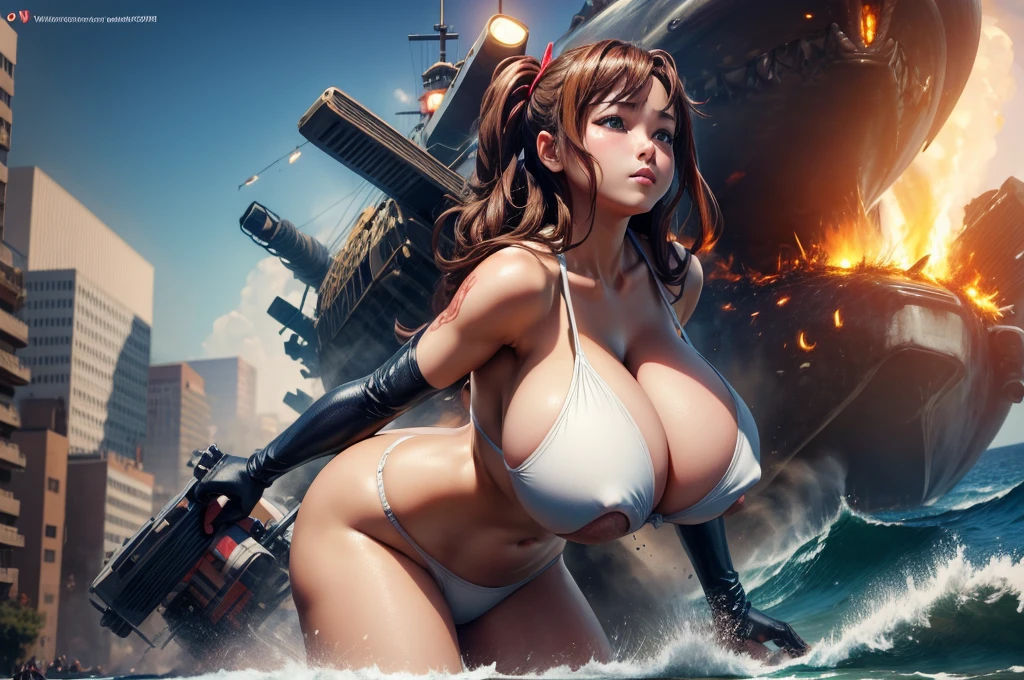 Anime girl in bikini posing in front of the boat, thick, Enchanting anime girl, ,Godzilla、Giant、 On the boat, have large breasts, Yachts at sea、Warships at sea、Landing is imminent、destruction、explosion、爆inflammation、inflammation、fire, have large breasts, tits, Big Breasts!, Big Breasts!!, Kantai Collection Style, 彼女はtits, [ 4k digital art ]!!, Realistic Bikini、Camel Toe、Giant tit、Nipple Puffs、Cleavage、Plump、Super big breasts、Super big butt、Bubble butt、Missile attack、Missile Punch