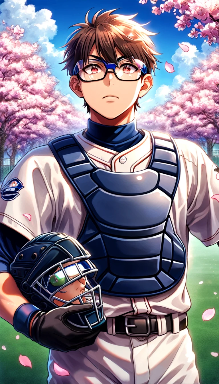 Ultra detailed, Highres, absurdres, HDR, Miyuki Kazuya, brown hair, expressive amber eyes, white beisbol uniform, sports glasses, Diamond No Ace, catcher uniform, fantasy, black gloves, petals, handsome, sexy man, solo, very detailed eyes and face, master piece, best quality, blossoms, summer,