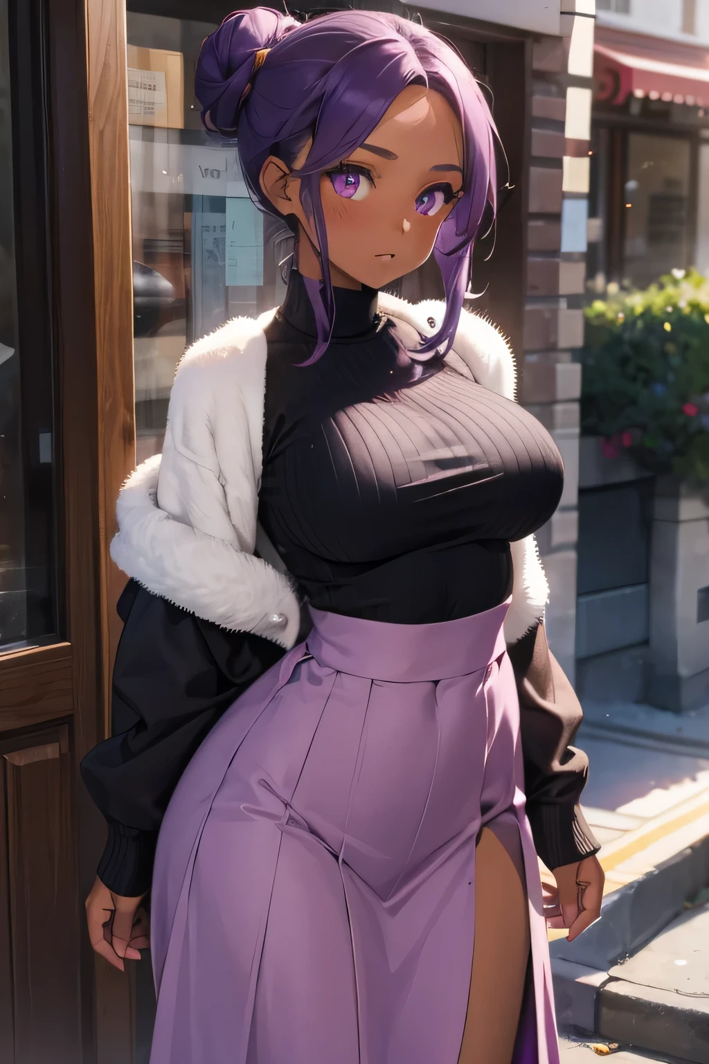 1 girl, single girl, cute, dark skin, tan skin, purple eyes, purple hair, short wavy hair, hair in bun, big breasts, wide hips, pink wool sweater, long skirt, married 