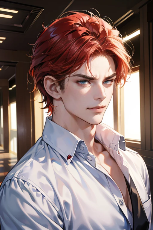 (tmasterpiece, high resolution, ultra - detailed:1.0), (1male, masculine face), Perfect male body, tall and strong, Adult male, Delicate eyes and delicate face, Extremely detailed CG, Unity 8k wallpaper, Complicated details, Detailed face, (red hair, messy hair, serious faces, white shirts,Bad students), (frown,evil smile:1.3), stad in school corridor, street style, color difference, Depth of field, dramatic shadow, Ray tracing, Best quality, Cinematic lighting, offcial art,Portrait