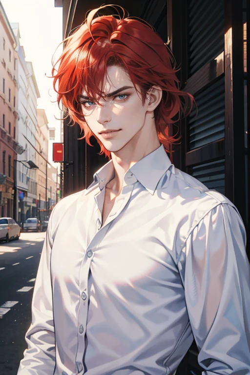 (tmasterpiece, high resolution, ultra - detailed:1.0), (1male, masculine face), Perfect male body, tall and strong, Adult male, Delicate eyes and delicate face, Extremely detailed CG, Unity 8k wallpaper, Complicated details, Detailed face, (red hair, messy hair, serious faces, white shirts,Bad students), (frown,evil smile:1.3), stad in school corridor, street style, color difference, Depth of field, dramatic shadow, Ray tracing, Best quality, Cinematic lighting, offcial art,Portrait