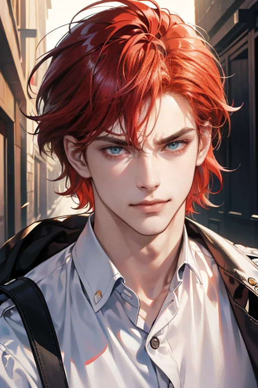 (tmasterpiece, high resolution, ultra - detailed:1.0), (1male, masculine face), Perfect male body, tall and strong, Adult male, Delicate eyes and delicate face, Extremely detailed CG, Unity 8k wallpaper, Complicated details, Detailed face, (red hair, messy hair, serious faces, white shirts,Bad students), (frown,evil smile:1.3), stad in school corridor, street style, color difference, Depth of field, dramatic shadow, Ray tracing, Best quality, Cinematic lighting, offcial art,Portrait