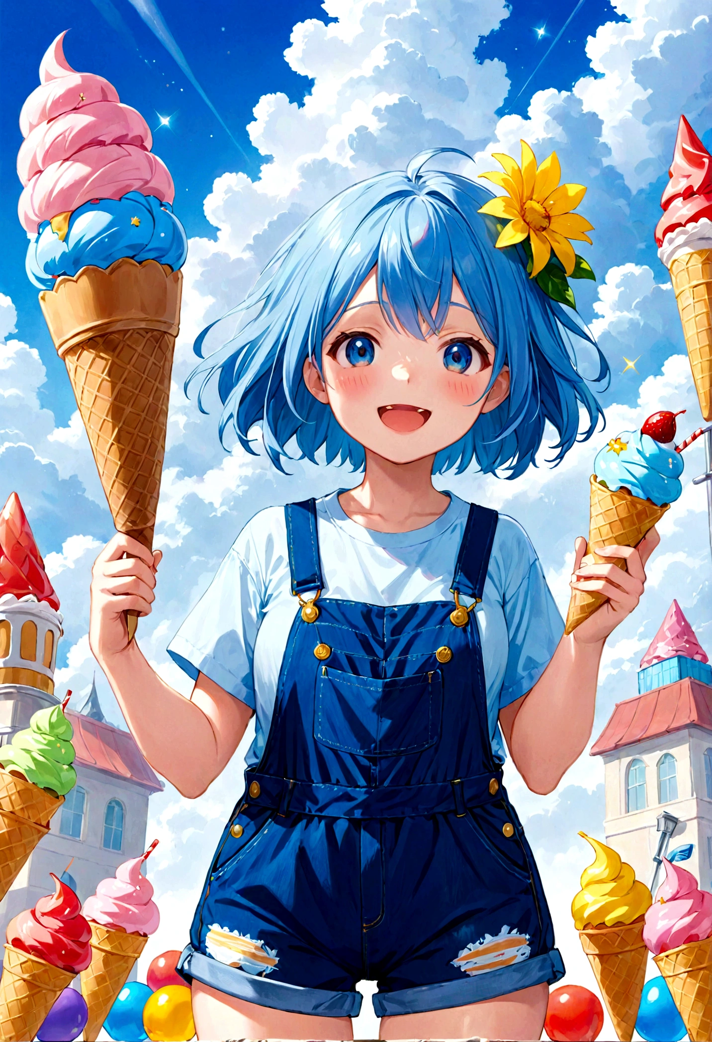 Anime protagonists masterpieces、highest quality、1girl、solo、Haruurara、Oversized Overall Shorts、Blue shirt、ice cream cone、accessories(0.6)、Open-mouthed and smiling broadly、Surrounded by a cloudy background、Flower-shaped pupils sparkle。
