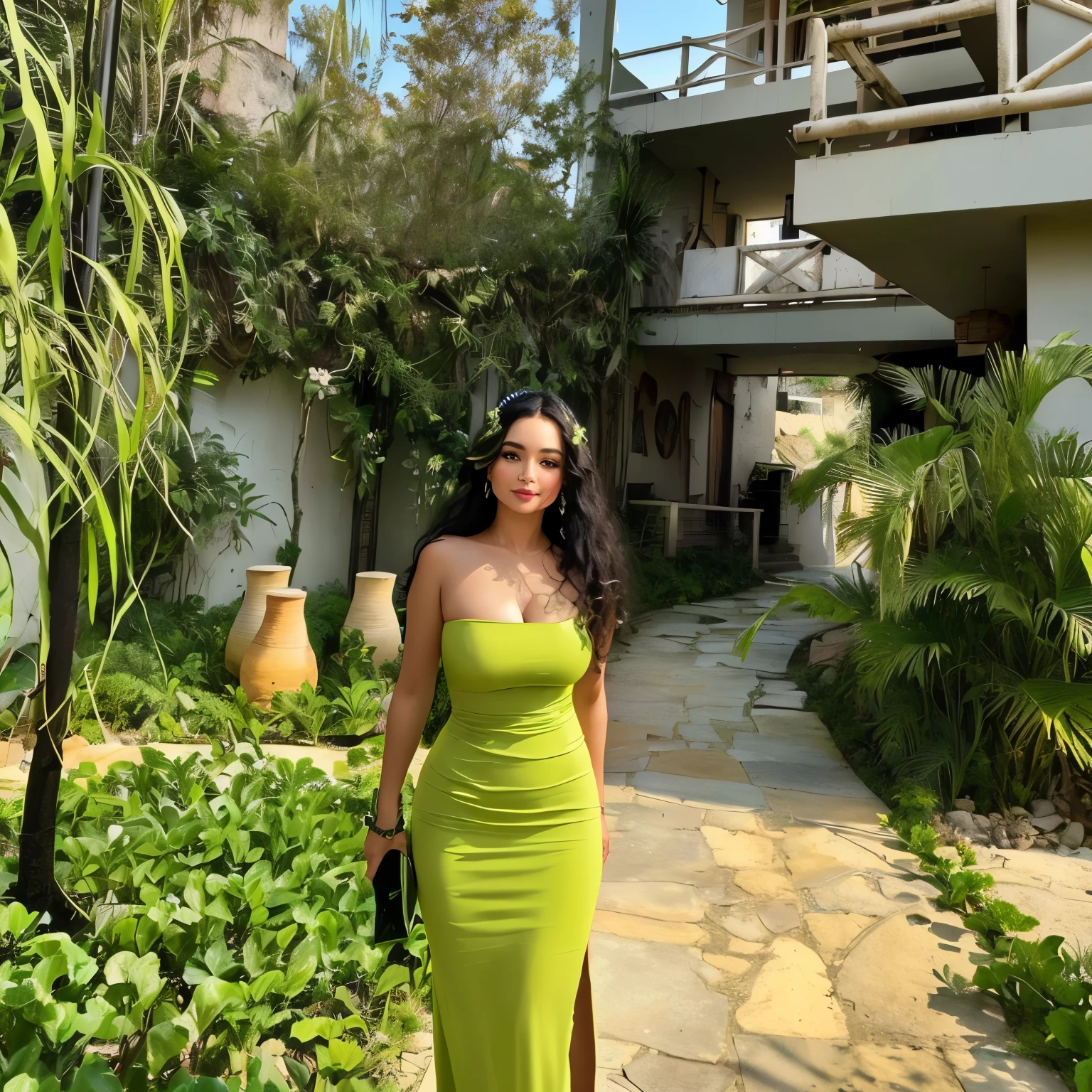 araffe woman in a vestido verde standing in a garden, wearing a neon vestido verde, full body vestido verde, in a jungle environment, hermosa dama, imagen de perfil, foto de perfil, tomado en 2 0 2 0, taken in the early 2020s, tonos verdes y amarillos, entorno exuberante, photo tomado en 2 0 2 0, vestido verde con tanta