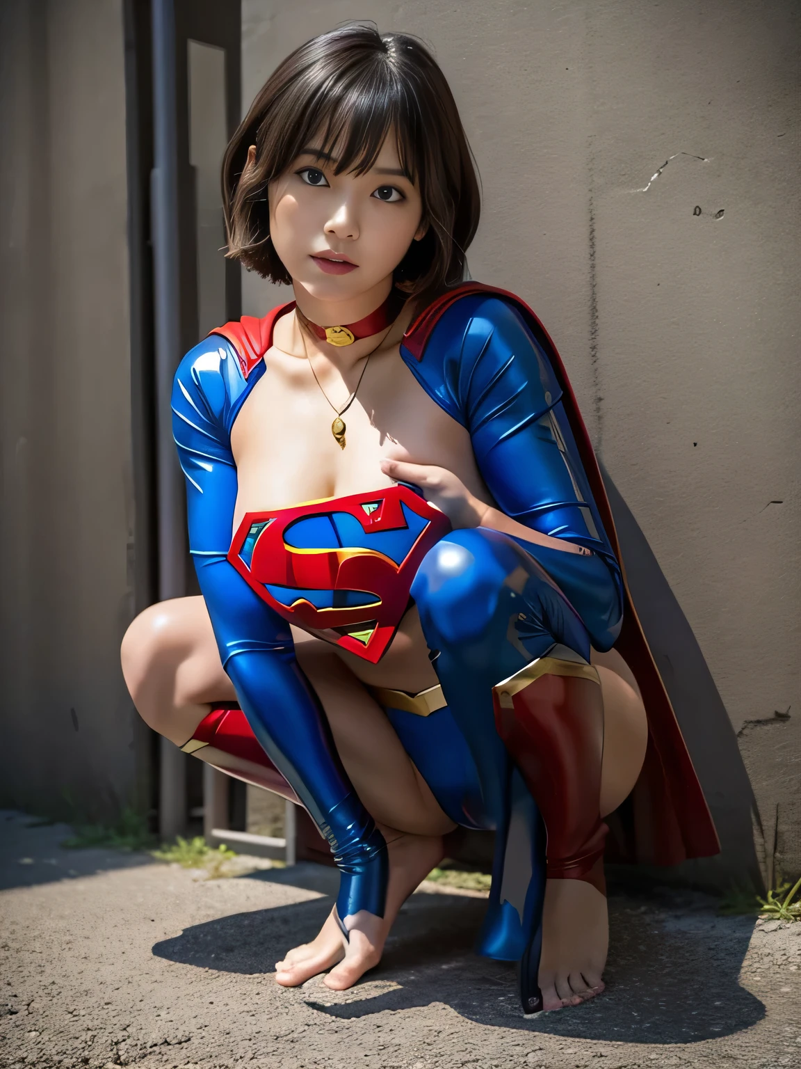 masterpiece、Supergirl Costume、short hair、barefoot、Big and ample breasts、Crisis situation、Complete surrender、Inside the prison、torture chamber、Abused、Humiliating torture、Squatting Pose、shiny sweaty skin、looking at the camera、choker、Long sleeve、Sexy poses to seduce、Off the shoulder、latex、from right in front、Crotch tearing、athlete、High leg、Wall-don、