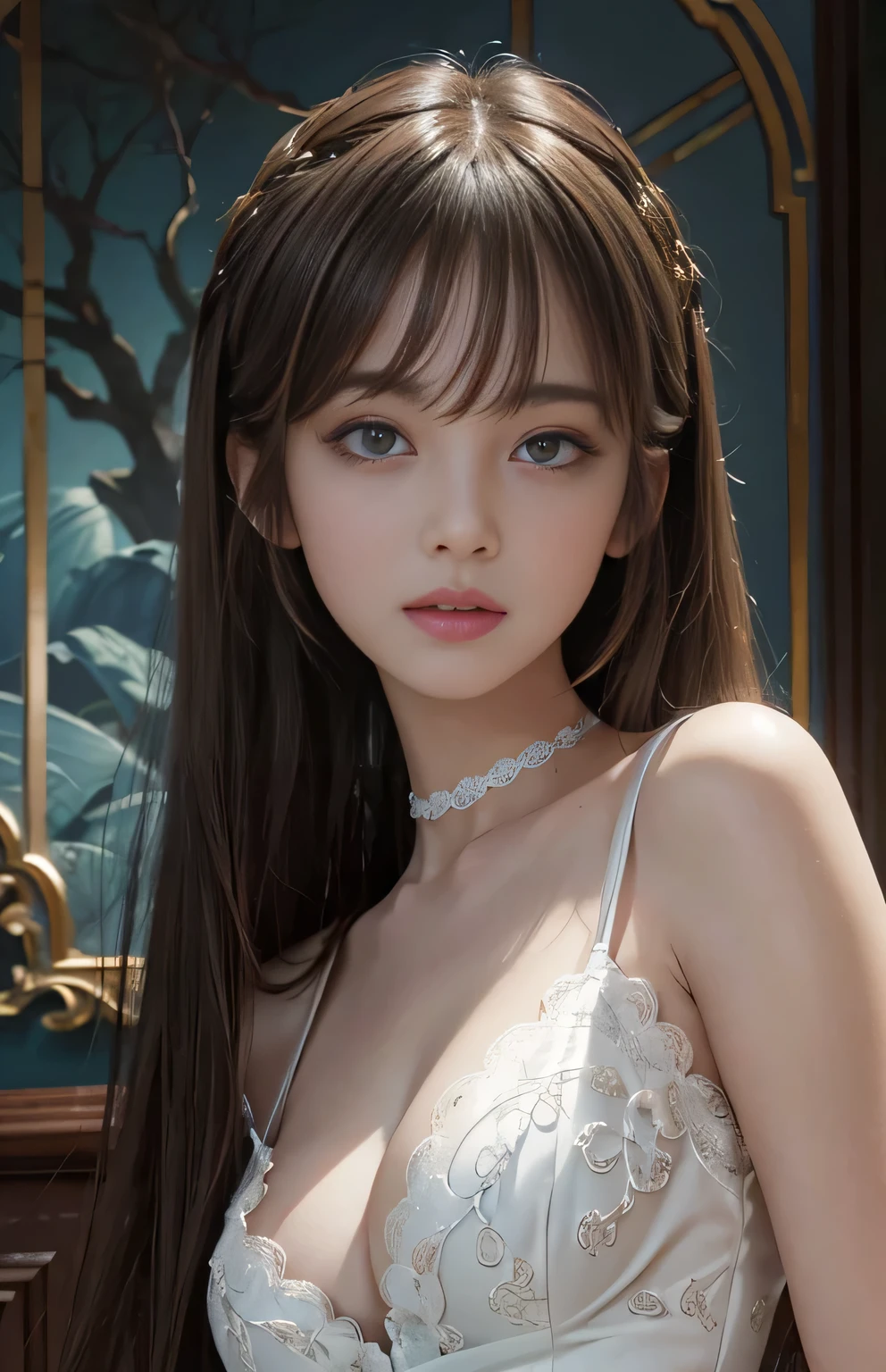 (Surreal), (shape), (Increased resolution), (8k), (Very detailed), (Best shape), (Beautiful and detailed), (highest quality), (Very detailed), (masterpiece), (wallpaper), (Detailed face), 1 girl, White Dress, Big and loose breasts, Looking at the audience, The finer details, Detailed face, Deep Shadow, secret key, Pure erotic face ace_v1, smile, Long Hair, Brown straight hair , 46 point diagonal bangs, Black choker, Blue Eyes, 