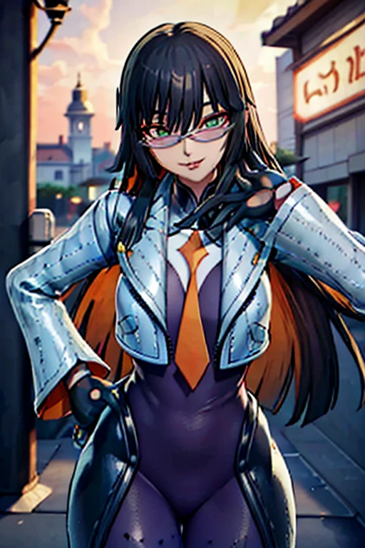 countess Daraku, long hair, glasses, gloves, pants, smile, trench coats 
BREAK looking at viewer,
BREAK outdoors,
BREAK (masterpiece:1.2), best quality, high resolution, unity 8k wallpaper, (illustration:0.8), (beautiful detailed eyes:1.6), extremely detailed face, perfect lighting, extremely detailed CG, (perfect hands, perfect anatomy)