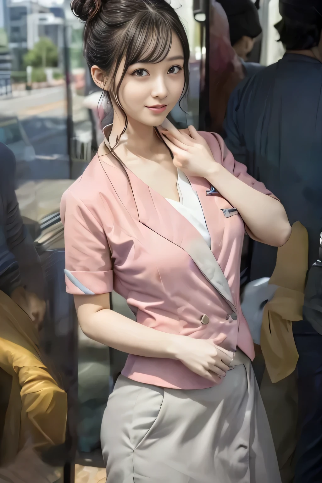 (masterpiece:1.2, highest quality:1.2), 32K HDR, High resolution, (alone、1 girl)、（On the rooftop of a building in the daytime、Professional Lighting）、Building rooftop background、（Nankai train crew uniform pinkを着たリアルスタイル）、（Nankai train crew uniform pink short sleeve collarless pink jacket、Nankai Train Crew Uniform Pink Collarless Short Sleeve Blouse、Nankai Train Crew Uniform Pink Grey Knee-length Culottes）、Dark brown hair、（Hair tied up、Hair Bun、Hair Bun）、Dark brown hair、Long Shot、Big Breasts、Thin legs、（（Great hands：2.0）），（（Harmonious body proportions：1.5）），（（Normal limbs：2.0）），（（Normal finger：2.0）），（（Delicate eyes：2.0）），（（Normal eyes：2.0））)、smile、（Nankai Train Crew Uniform Pink Grey Knee-length Culottesを見せた美しい歩く姿）、Holding hands