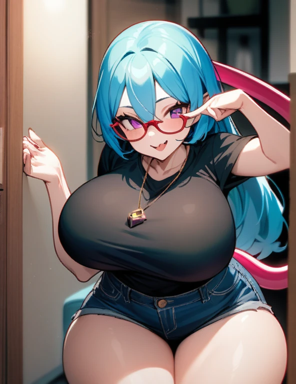 (masterpiece), best quality, expressive eyes, perfect hybrid succubus mannequin girl face, long cyan and blue hair, magenta eyes, glasses, happy, t-shirt similar to a black top, red stockings that reach the thighs, tail demon, gold necklace with a black stone, blue denim shorts, big and perfect breasts, thick thighs, big and perfect ass, at home, pressing her breasts with her elbows while posing to send a photo to her boyfriend, nfsw