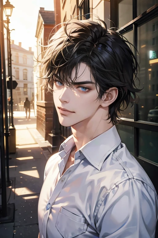 (tmasterpiece, high resolution, ultra - detailed:1.0), (1male, masculine face), Perfect male body, tall and strong, Adult male, 34 years, Delicate eyes and delicate face, Extremely detailed CG, Unity 8k wallpaper, Complicated details, Detailed face, (black hair, messy hair, serious faces, white shirts,Bad students), (frown,evil smile:1.3), stad in school corridor, street style, color difference, Depth of field, dramatic shadow, Ray tracing, Best quality, Cinematic lighting, offcial art,Portrait